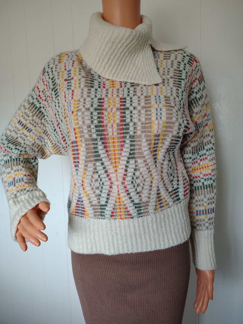 Anthropologie Sleeping on Snow Oversized Asymmetric Cowl Neck Geometric Sweater